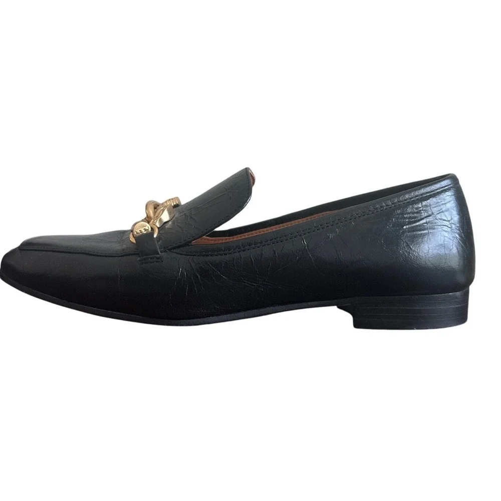 Tory Burch Jessa Black Leather Horsebit Horsehead Loafers Gold Size 8